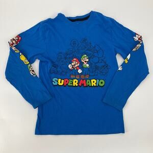 Super Mario Long Sleeve Shirt Boys 10/12 Blue Graphic Characters Nintendo Tee